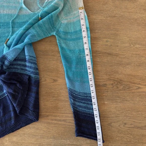 J.JILL 100% Linen‎ Open Knit Blue/Aqua Ombre Tunic-V-neck Tassels-Size M - Picture 9 of 16